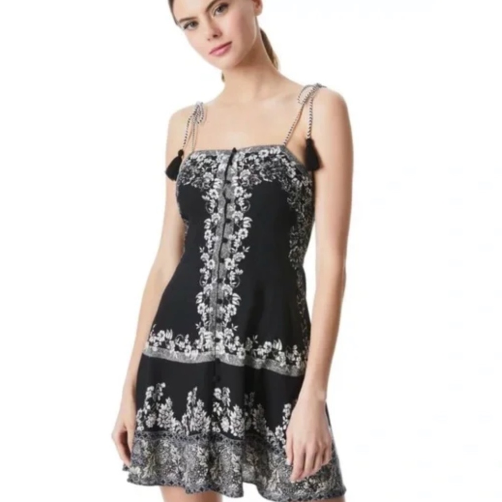 Alice + Olivia Glinda Tassel Spaghetti-Strap Mini Dress, Size 4, Black and White